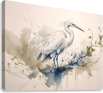 Egret ink wash canvas print featuring a white heron with blue legs on a branch against beige and deep blue watercolor