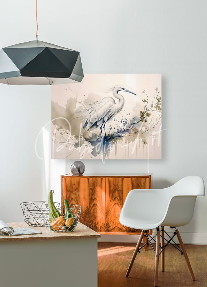 A modern watercolor painting of a white heron with blue and gray splashes displayed in a geometric black pendant lamp