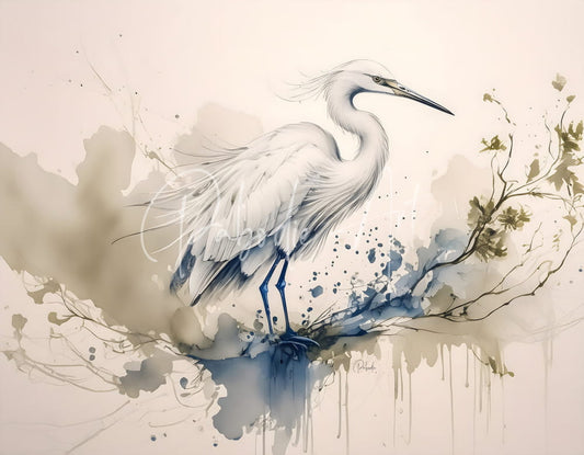 Egret ink wash watercolor artwork of a graceful white egret with blue accents poised on a branch against a muted background