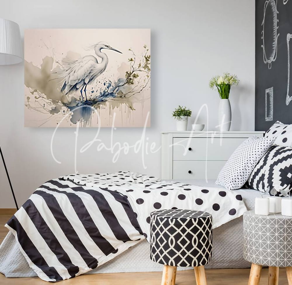 A watercolor painting titled Egret Ink Wash of a white heron on branches in soft beige and blue tones with ink splatters