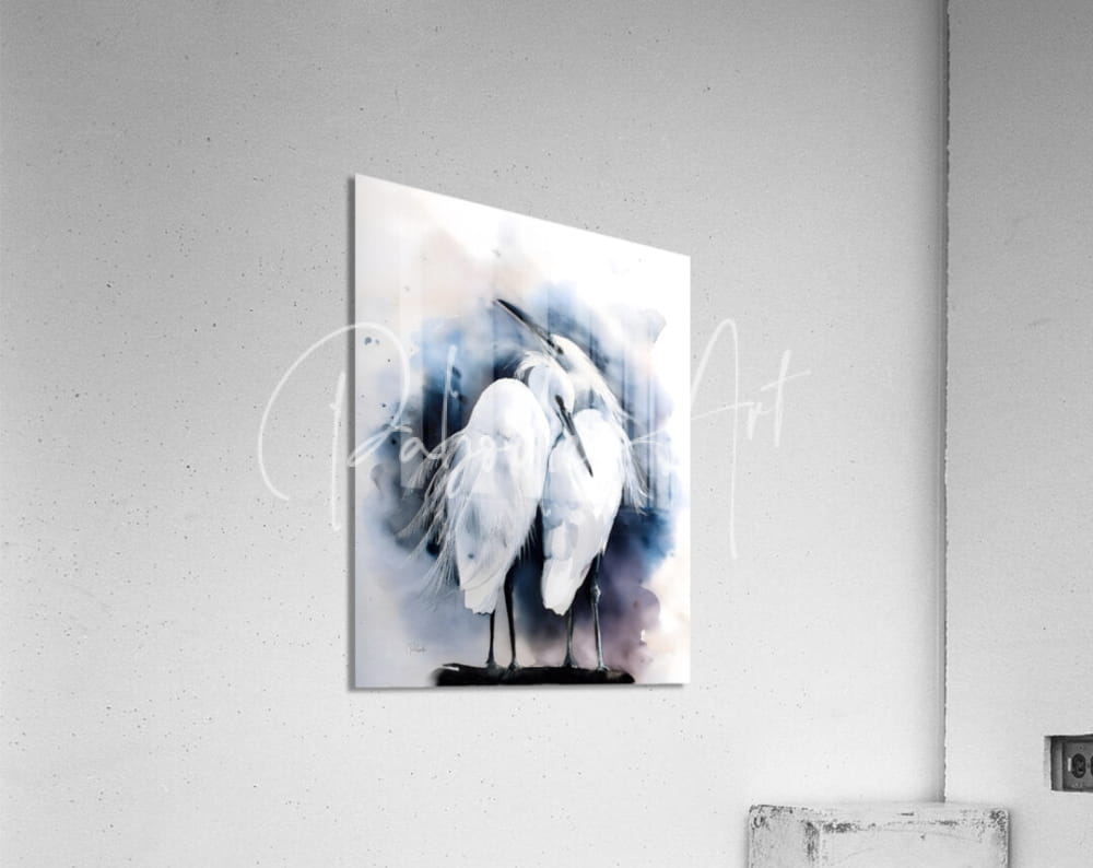 A rectangular acrylic print titled egret love inkwash featuring two white herons in soft blue and gray watercolor style