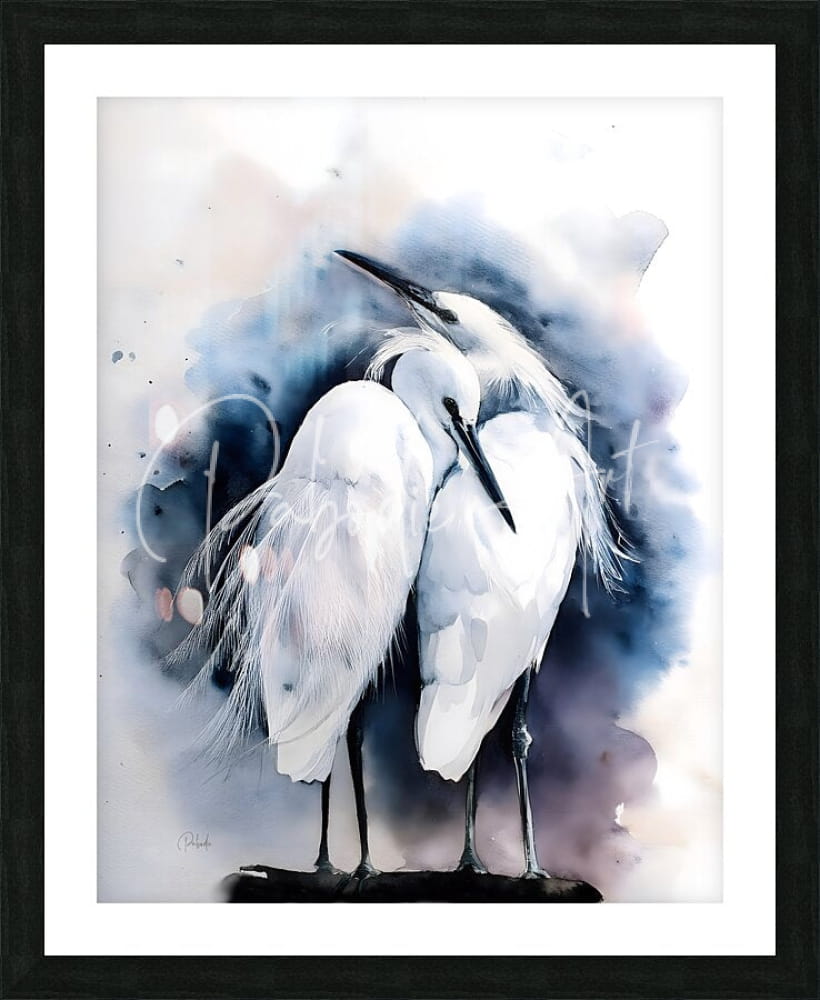 Watercolor painting of two white egrets on a dark blue and gray abstract background framed in black titled egret love inkwash