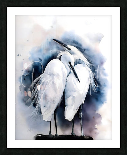 Watercolor painting of two white egrets on a dark blue and gray abstract background framed in black titled egret love inkwash