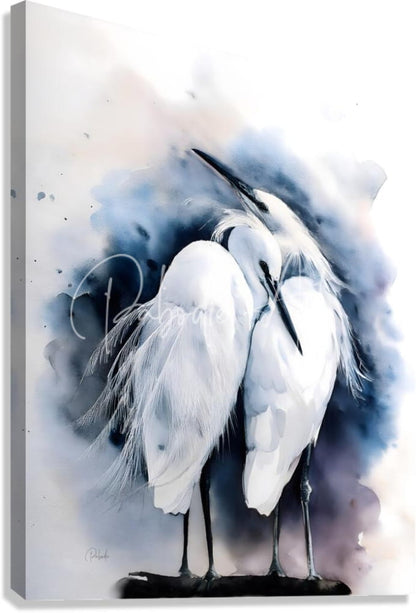 Watercolor painting on canvas of three white egrets with black beaks and legs on soft blue and gray background