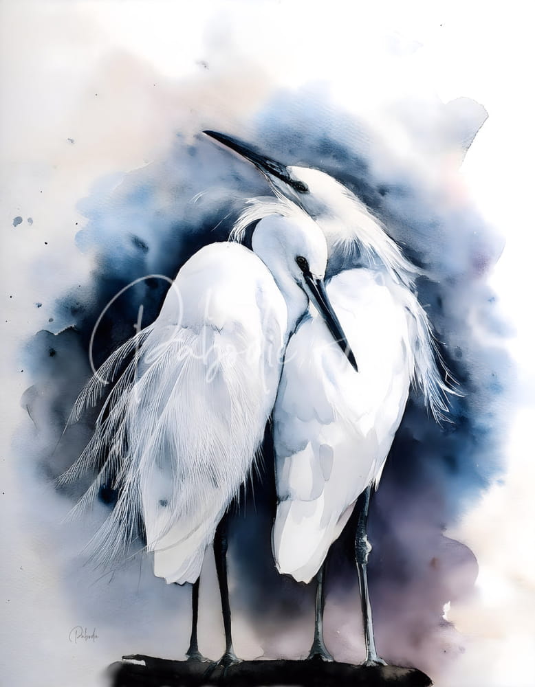 Watercolor painting of two white herons with black beaks and legs in soft blues and grays titled egret love inkwash