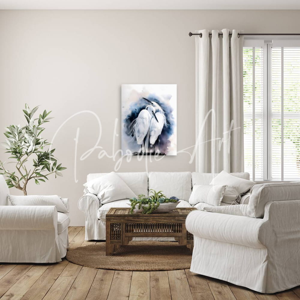 A watercolor painting titled Egret Love Inkwash featuring two white herons in a dark blue and gray abstract setting