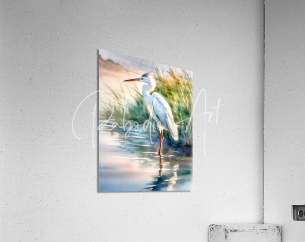 A watercolor painting of a white egret in shallow water on an acrylic print with soft pastel hues titled egret pose