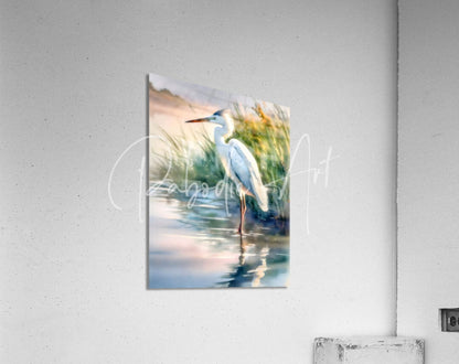 A watercolor painting of a white egret in shallow water on an acrylic print with soft pastel hues titled egret pose