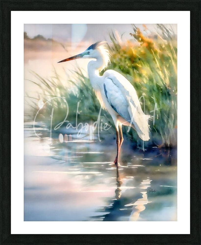 A framed watercolor painting titled egret pose of a white heron with blue and gray accents standing in shallow water