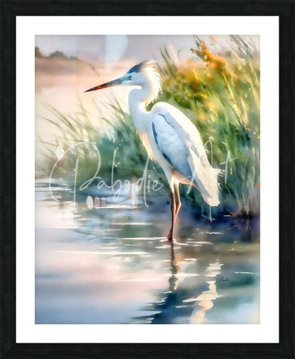 A framed watercolor painting titled egret pose of a white heron with blue and gray accents standing in shallow water