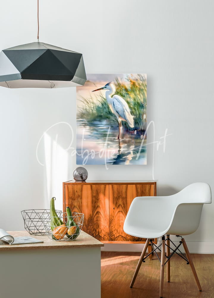 A white eames-style chair with wooden legs and a sleek molded design named egret pose