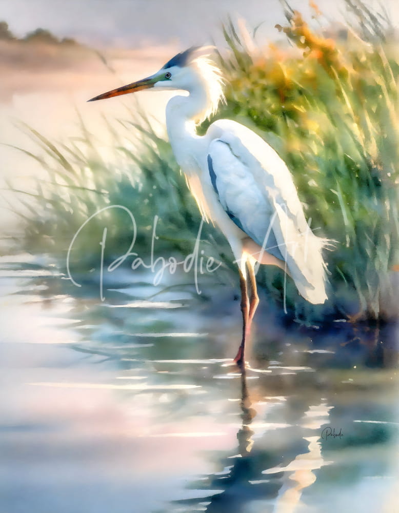 A graceful white heron with a long orange beak and slender legs stands in shallow water in egret pose