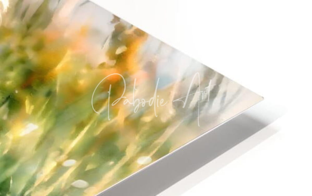 Acrylic print titled egret pose featuring soft-focus yellow and green floral design with pabodie art signature