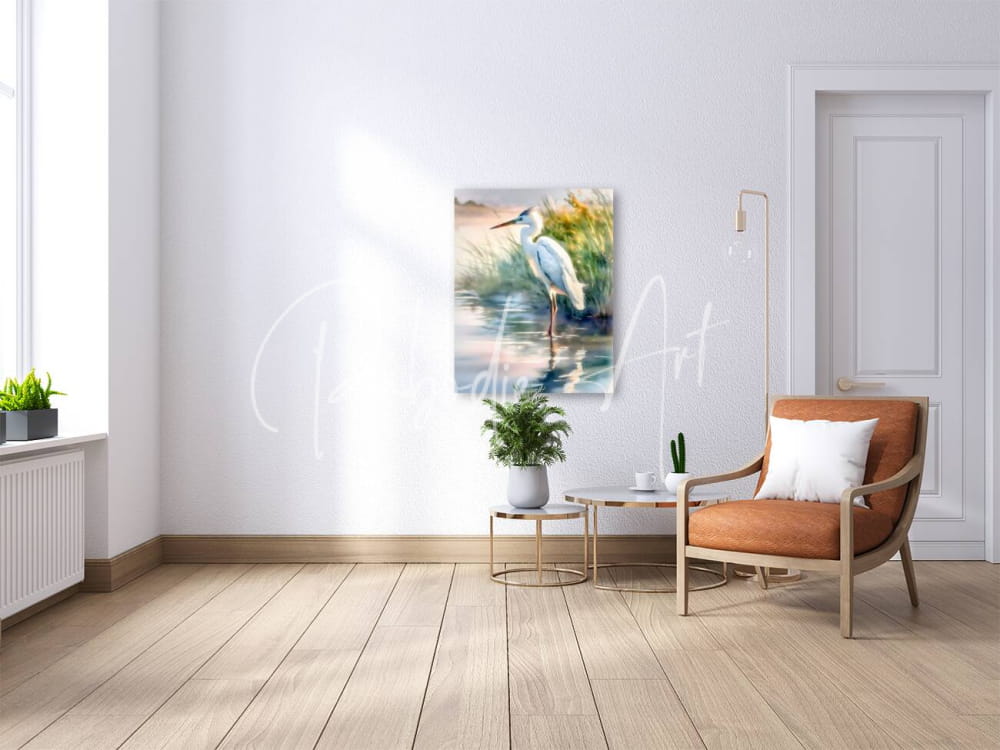Egret pose framed watercolor painting of a white heron standing in shallow water mounted on the wall
