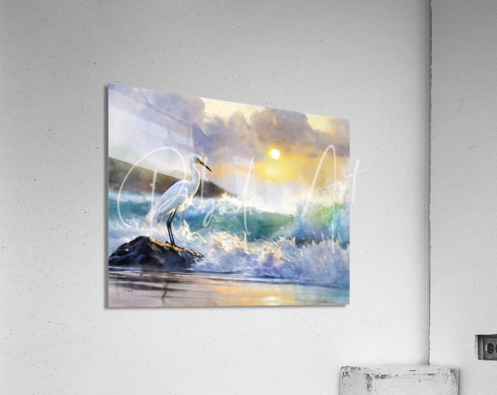 Acrylic print of a watercolor painting featuring a white heron on a rock amid crashing waves under a sunset sky