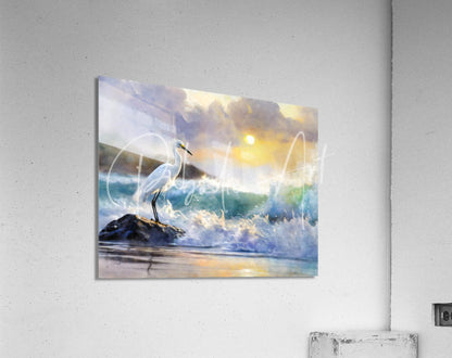 Acrylic print of a watercolor painting featuring a white heron on a rock amid crashing waves under a sunset sky