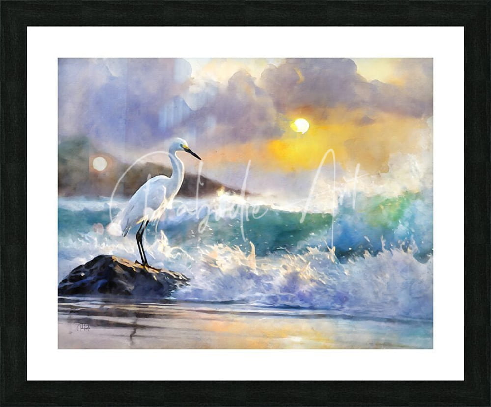 A framed watercolor painting titled the egret and the rough sea depicting a white egret on a rock at sunset