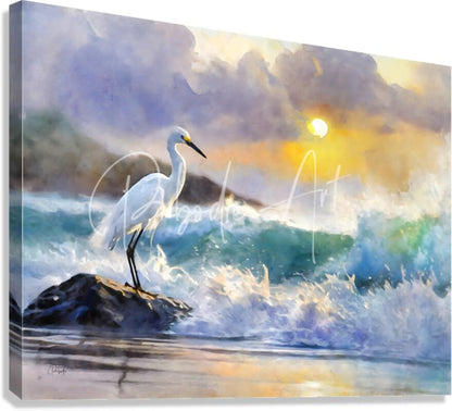 Watercolor stretched canvas of a white egret on a rock with crashing ocean waves at sunset titled the egret and the rough sea