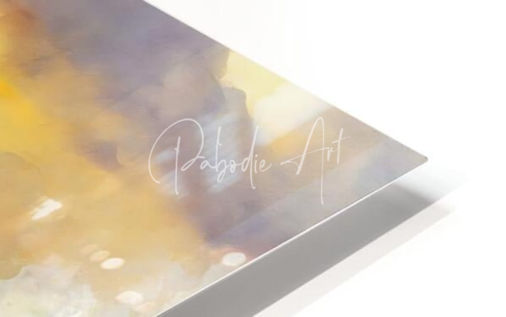 A sleek metallic-framed art print titled the egret and the rough sea with gold and purple watercolor and cursive text pabodie art