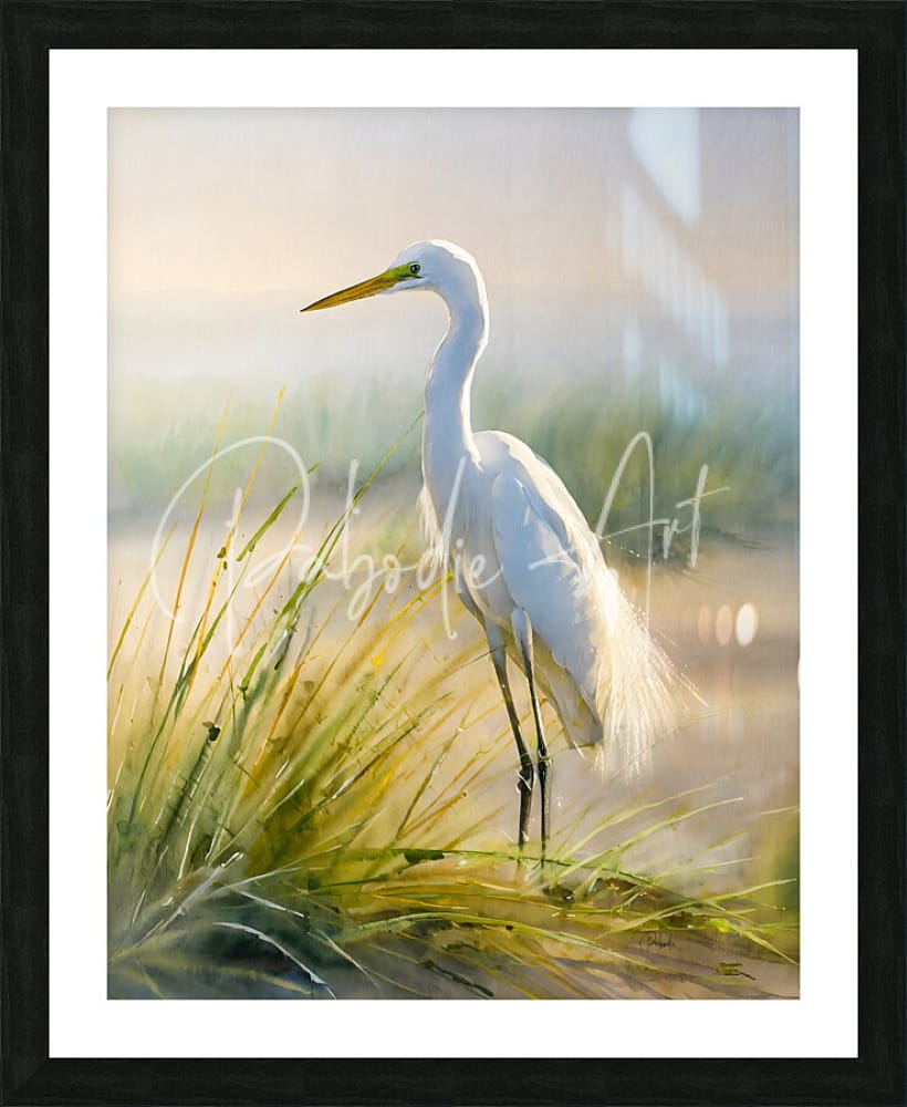 Egret by the sea white egret painting in a black frame perfect for coastal wall decor