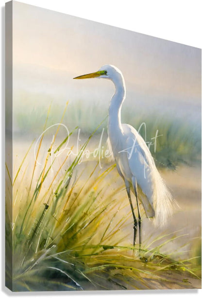 Egret by the sea painting of a white egret with a long neck and yellow beak standing in tall grass on canvas