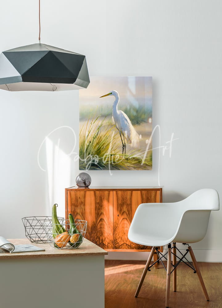 White egret painting with soft naturalistic brushstrokes and subtle gradient background in egret by the sea artwork