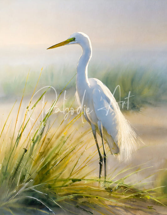 Egret By The Sea shows a graceful white great egret standing tall in golden grasses with an elegant curved neck