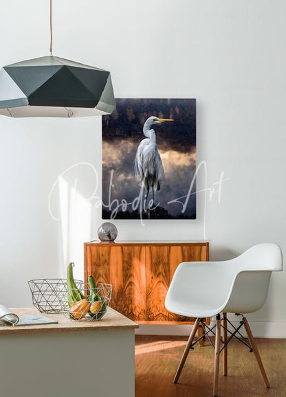 Egret standing tall artwork features a white heron on a dark moody background perfect for wall decor