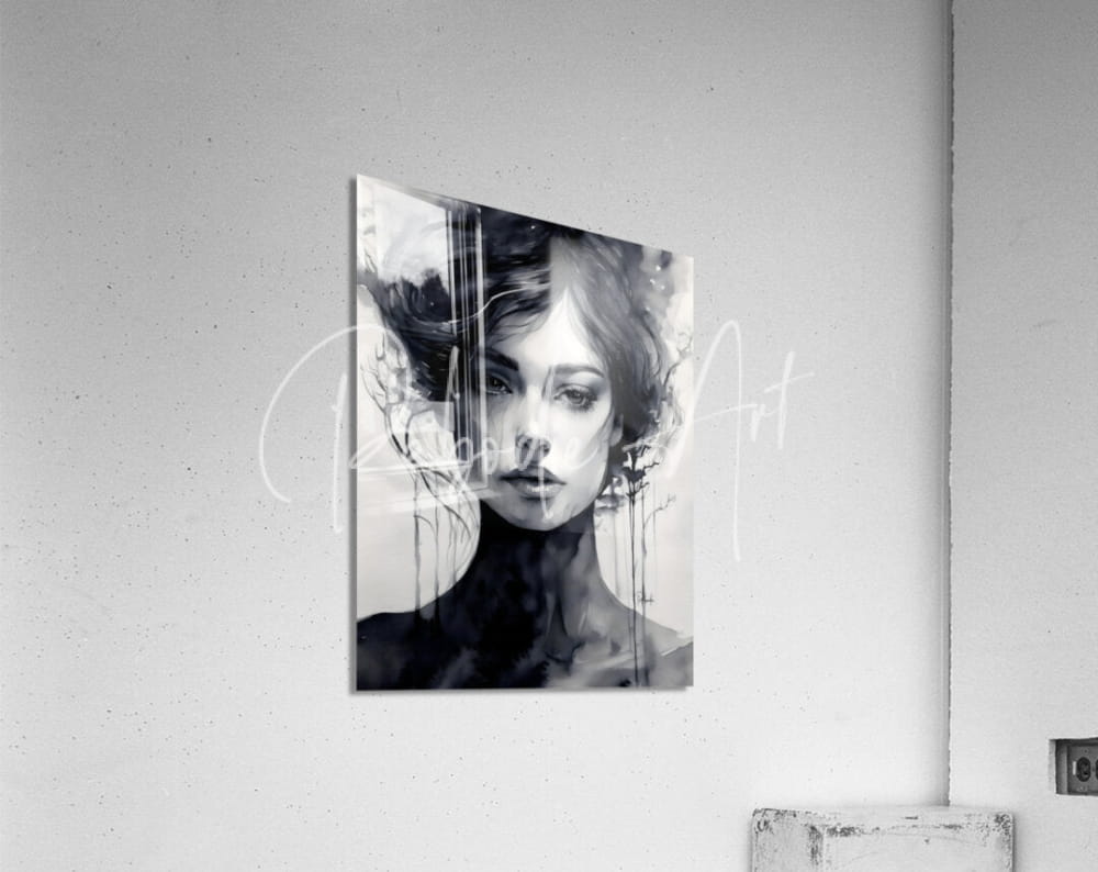 Elegance black and white abstract portrait canvas featuring a woman’s face with flowing hair and vertical brushstrokes