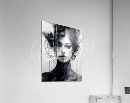Elegance black and white abstract portrait canvas featuring a woman’s face with flowing hair and vertical brushstrokes