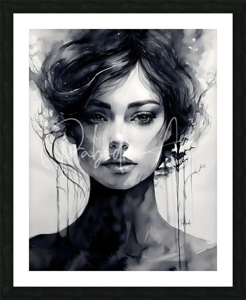 Black-framed artwork titled elegance featuring a monochromatic watercolor portrait of a woman with flowing hair