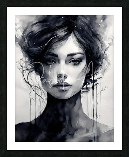 Black-framed artwork titled elegance featuring a monochromatic watercolor portrait of a woman with flowing hair