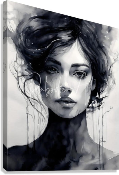 Black-and-white canvas painting titled elegance featuring a woman with flowing hair and expressive eyes in watercolor style