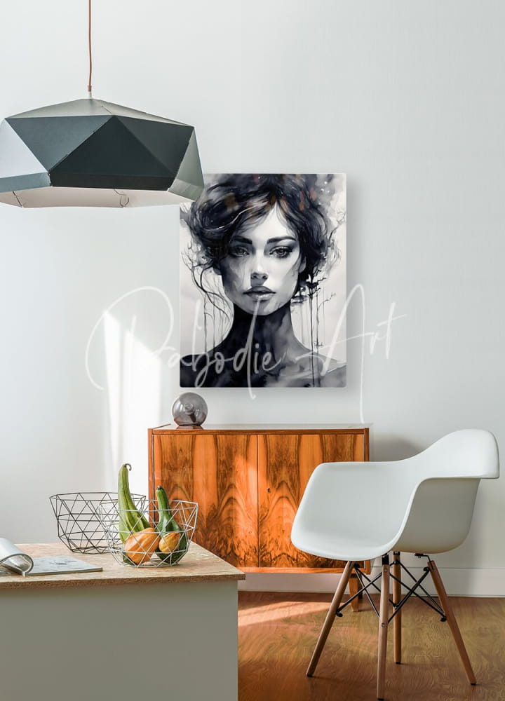 Black-and-white watercolor portrait of a woman with flowing hair on canvas titled elegance wall art