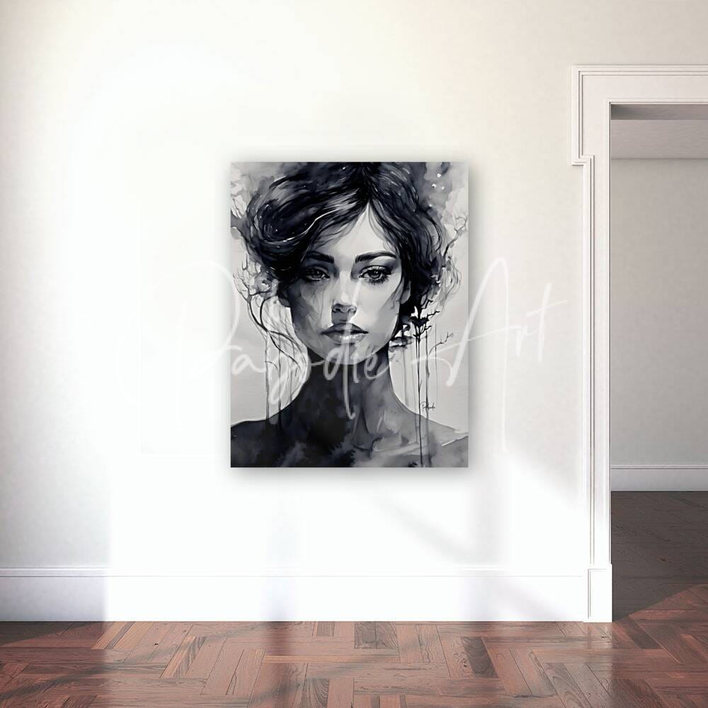 Black and white watercolor portrait of a woman with flowing hair on canvas titled elegance wall art