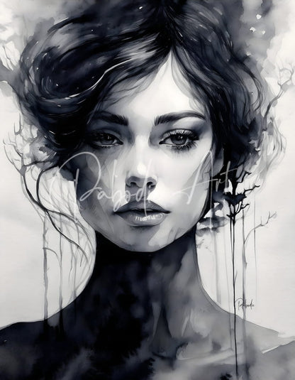 Elegance monochromatic watercolor portrait of a woman with flowing dark hair in soft grayscale tones