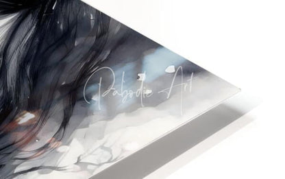 Elegance acrylic art piece with transparent material dark hair illustration and palbodie art cursive text on gray background