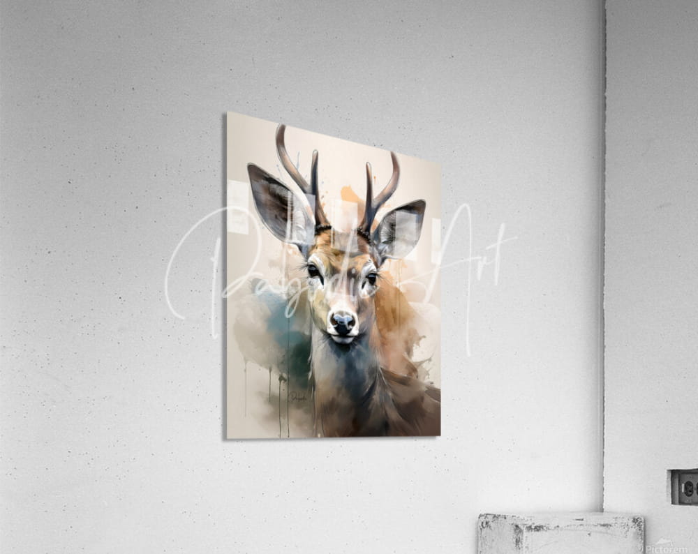 Watercolor style canvas print of a deer in brown and gray tones mounted on an acrylic board titled the eyes of a deer inkwash