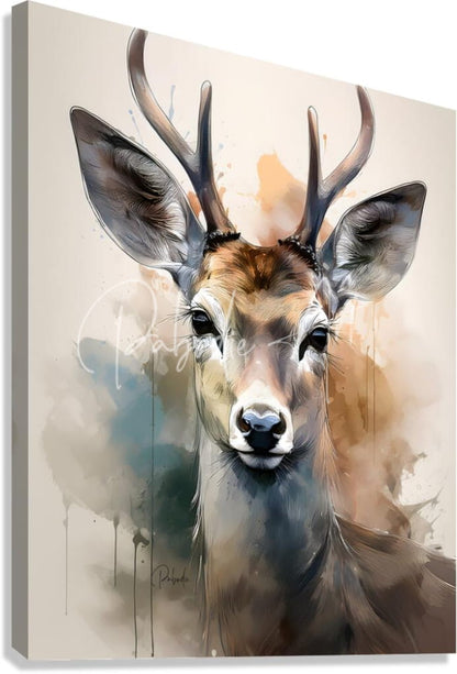 Watercolor-style canvas print titled the eyes of a deer inkwash featuring a brown and white deer with detailed antlers