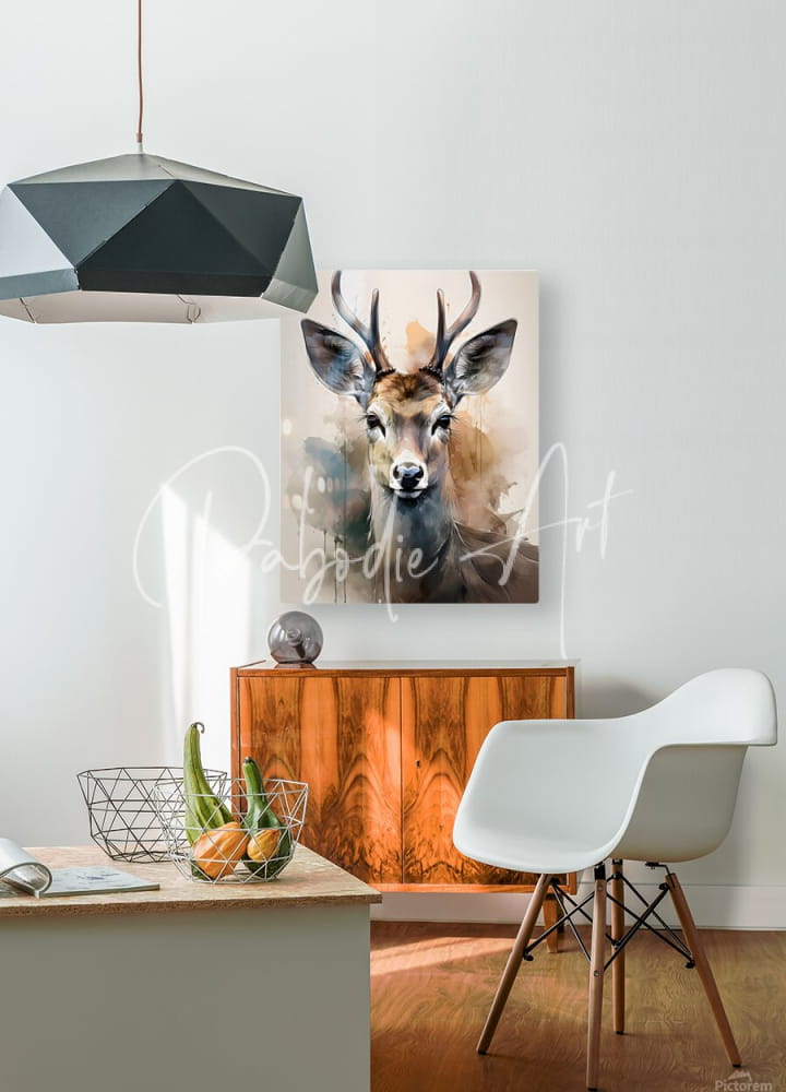 Watercolor-style canvas print titled the eyes of a deer inkwash featuring a brown and gray deer on a white wall