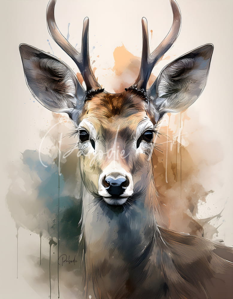 A watercolor painting titled The Eyes of a Deer Inkwash featuring a deer with brown and gray fur and prominent antlers