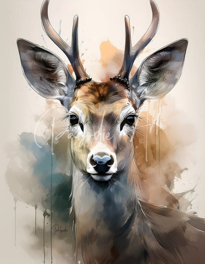A watercolor painting titled the eyes of a deer inkwash featuring a deer with brown gray fur and prominent antlers