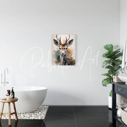 Watercolor painting of a deer with brown and gray tones on canvas titled the eyes of a deer inkwash