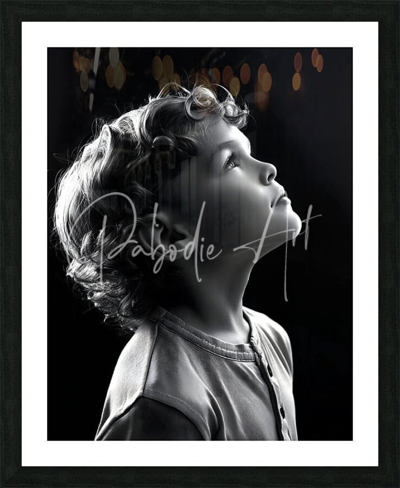 Black-and-white framed portrait of a young child with curly hair in a button-up shirt titled eyes to the sky
