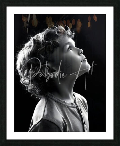 Black-and-white framed portrait of a young child with curly hair in a button-up shirt titled eyes to the sky