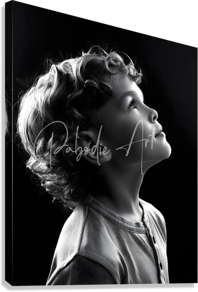 Black-and-white canvas print titled Eyes To The Sky featuring a young child with curly hair in profile wearing a simple shirt