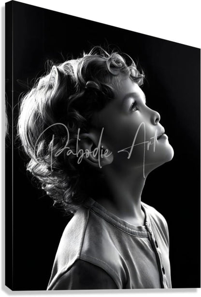 Black-and-white canvas print titled Eyes To The Sky featuring a young child with curly hair in profile wearing a simple shirt