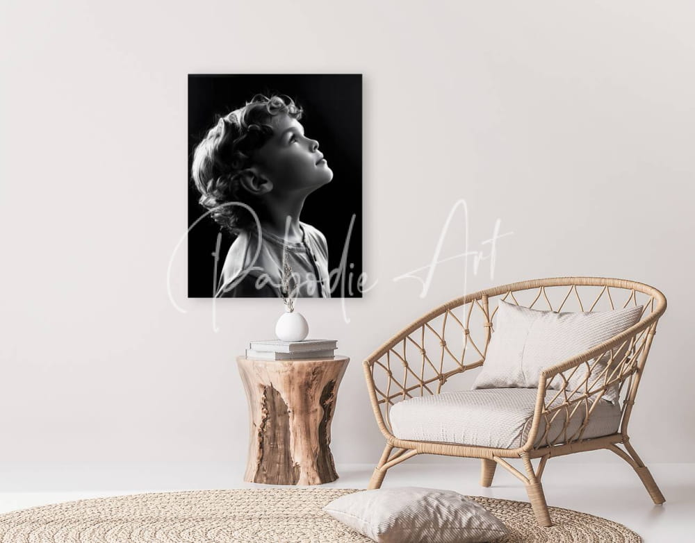 Black and white portrait canvas titled Eyes To The Sky featuring a young boy with curly hair on a light wall