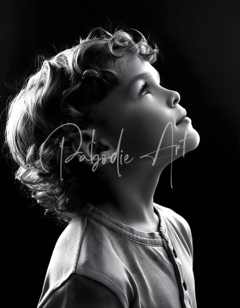 Black-and-white portrait of a young child with curly hair wearing a button-up shirt for eyes to the sky product