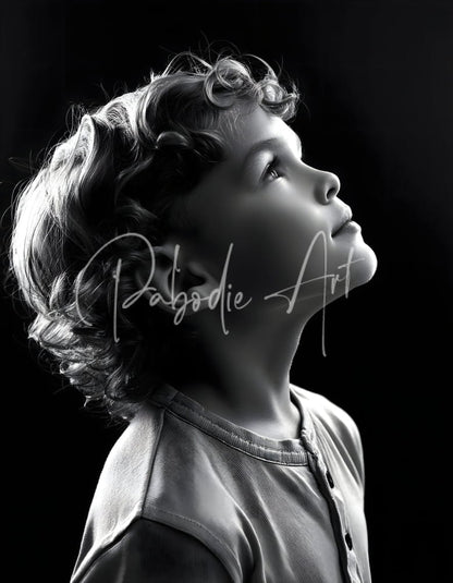 Black-and-white portrait of a young child with curly hair wearing a button-up shirt for eyes to the sky product